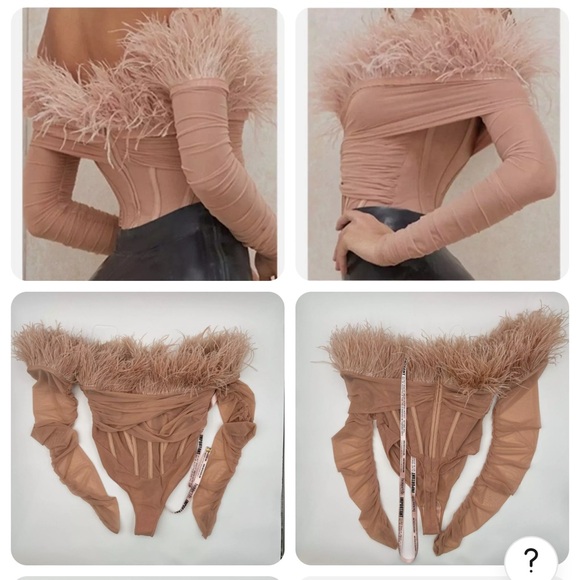 House of CB Faith Blush Feather Corset Bodysuit Off Shoulder Mesh Top size XS - Picture 4 of 15